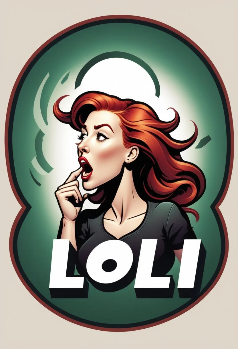 ("LOL" text logo:1.5), attractive redhead woman with large chest yawning and looking disinterested, text logo <lora:dvr-ftl:0.8>