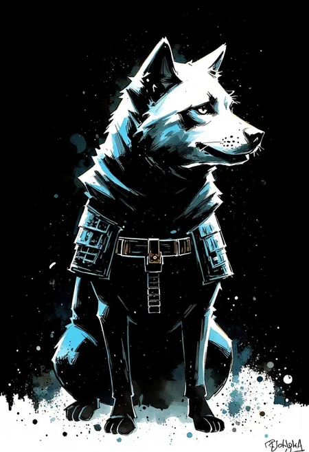 Watercolor painting of a negative colored paintsplash of a Shiba Inu samurai silhouette. White on black background.