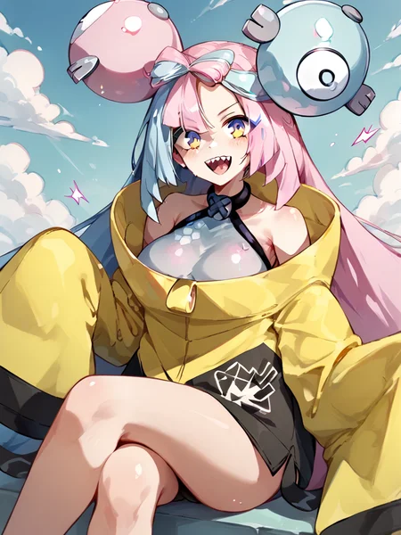 score_9, score_8_up, score_7_up, ultra detailed,, <lora:Expressive_H:0.8> Expressiveh, zPDXL, sitting,crossed legs , huge cameltoe , large breasts, looking at viewer, lace lingerie <lora:l0n0-10:1>, l0n0, 1girl, long hair, smile, hair ornament, jacket, pink hair, yellow jacket, character hair ornament, iono (pokemon), teeth, sharp teeth, bow-shaped hair, solo, oversized clothes, very long sleeves, x, sleeveless, sleeveless shirt, sleeves past fingers, shirt, sleeves past wrists, open mouth, low-tied long hair