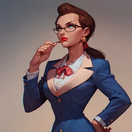 score_9, score_8_up, score_7_up, solo, 1girl, makeup, lipstick, ponytail, brown hair, blue eyes, formal, glasses, skirt suit, formal, earrings, breast, courtroom background, Janet Van Dorn