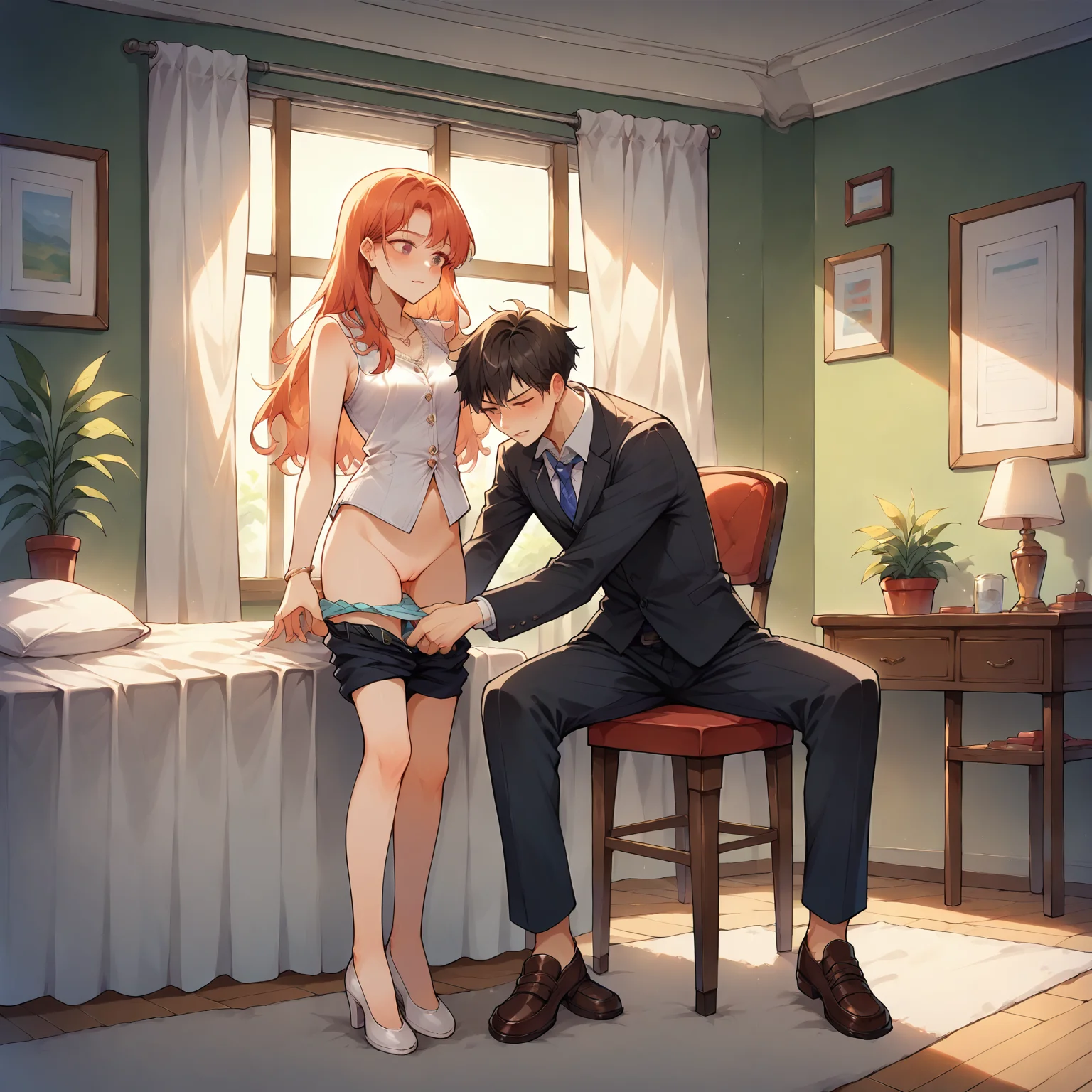 score_9, score_8_up, source_anime, highly detailed, 1girl, 1boy, sitting, long hair, blouse, pants pull, pussy, suit, indoors, formal, otk stripping, <lora:otk_stripping_PDXL_768_dim32-a1-adamW-000006:0.7>