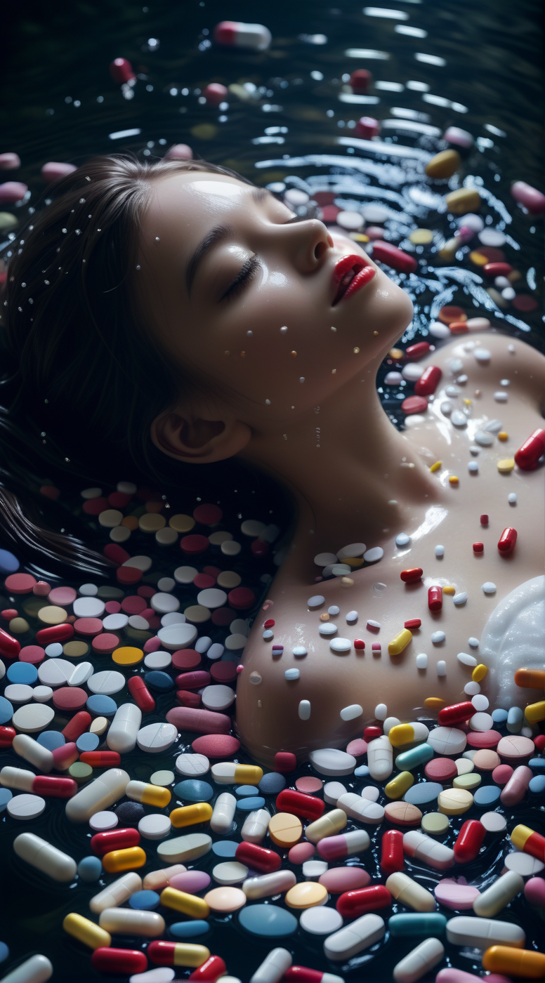 girl bathing in the river made of pills, darkness, enigmatic dreamscape professional photo <lora:pills:1>