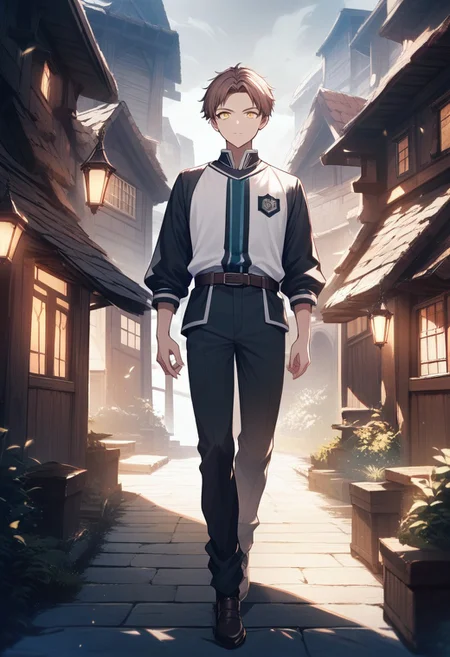 (best quality, masterpiece), 1 boy,18 years old, medieval village, dark mood, Arrogant,
brown hair, short hair, no bangs, white color student uniform, full body,
, looking at viewer, Unobtrusive golden eyes, Dull golden eyes,