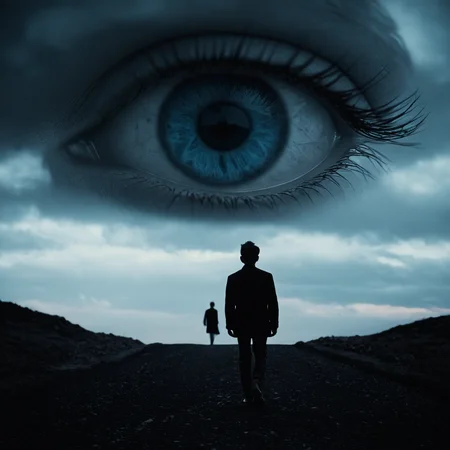 cinematic film still of <lora:add-detail-xl:1>
<lora:detailed:0.3>
<lora:perfection style:0.3>
<lora:xl_more_art-full_v1:0.3>
<lora:kafkaesque style:1>
In a surrealistic world a man walking in the dark with an eye on it om sky,solo,blue eyes,1boy,monochrome,greyscale,male focus,shadow,spot color,silhouette,eye focus , kafkaesque style, shallow depth of field, vignette, highly detailed, high budget, bokeh, cinemascope, moody, epic, gorgeous, film grain, grainy