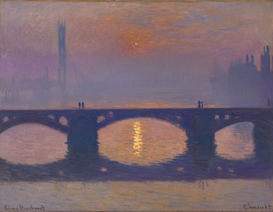 The painting showcases a serene riverscape during what appears to be either dawn or dusk. A bridge stretches across the water with its reflection mirrored in the calm waters below. The sky is painted in hues of purple pink and gold suggesting the transition between day and night. There are no visible humans in the scene emphasizing the tranquility and untouched beauty of nature., painting, CMnt, scenery, no humans, outdoors, bridge, water, <lora:Monet_XL:1>