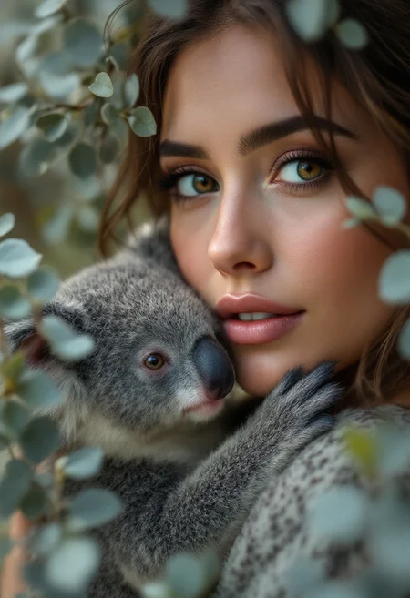 A captivating photograph of an intimate moment between a woman and a baby koala, surrounded by the serene beauty of a eucalyptus grove. The woman, with her deep chocolate eyes and long lashes, exudes a serene expression, while the koala's tiny paw gently rests near her neck. The koala's gentle head-leaning adds warmth and tenderness to the scene. The muted greens and silvery leaves of the grove create a calming and natural backdrop, while the soft grays, greens, and whites in the color palette evoke a soothing and enchanting atmosphere.