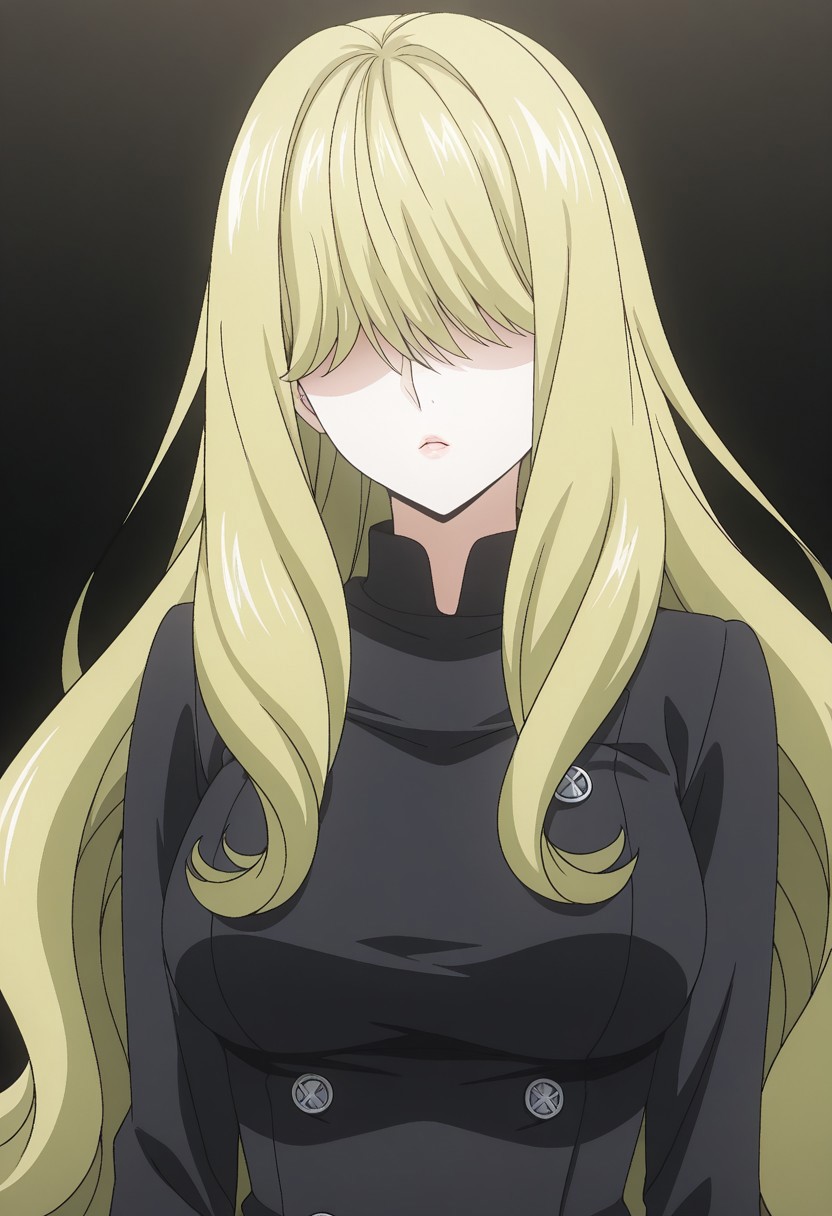 masterpiece, best quality, amazing quality,1girl, solo, BREAK
k0furu,blonde hair,very long hair, hair over eyes,blackru1un1form,
BREAK
,upper body,looking at viewer,