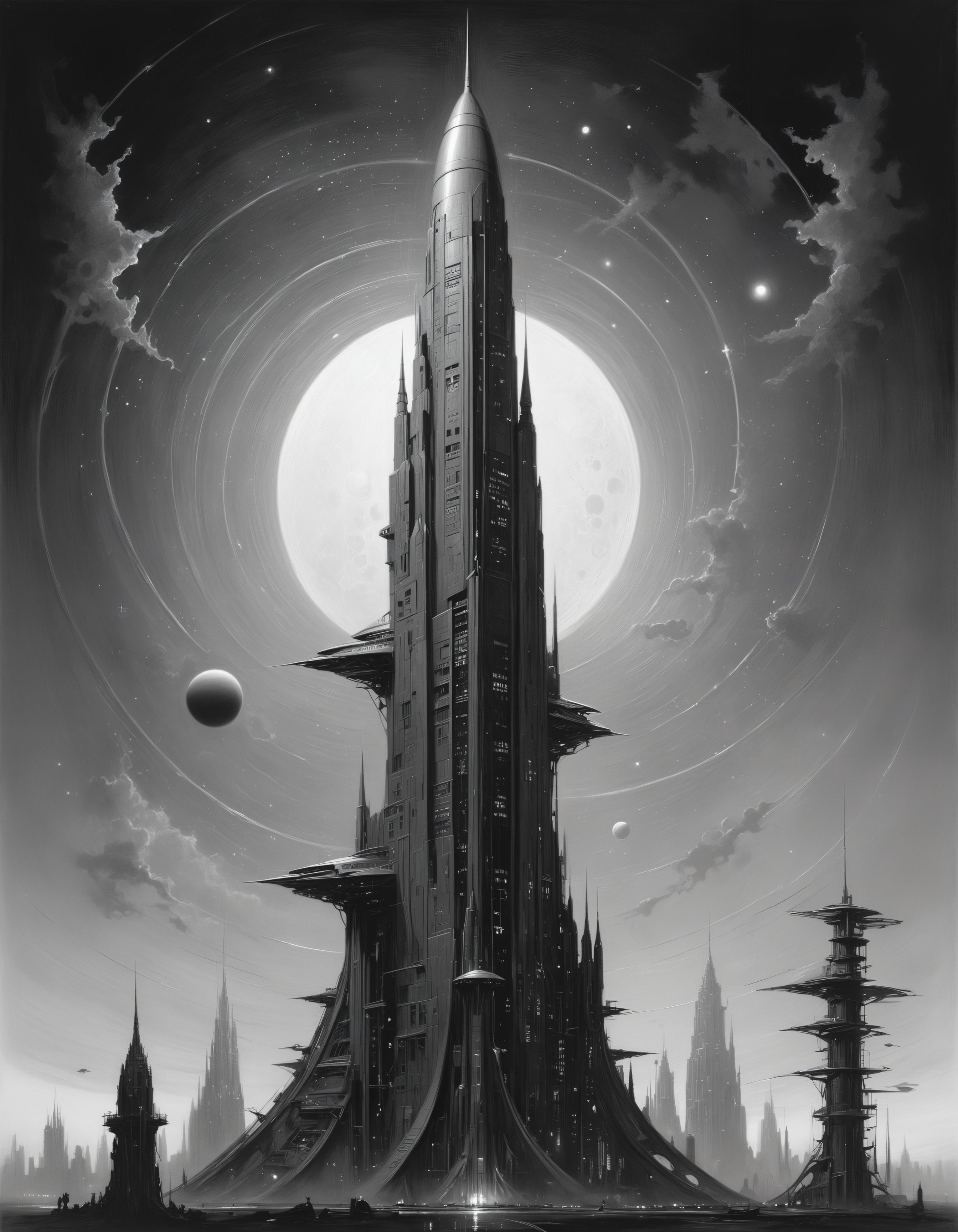 by Bruce Pennington, David Mould, by Shaun Tan, a complex science fiction skyscraper and a galactic sky at night, in the (style of Pencil Sketch Drawing:1.6), limited dark palette, unusual inverted monochrome, highly dramatic lighting
<lora:xl_more_art-full_v1:0.5>