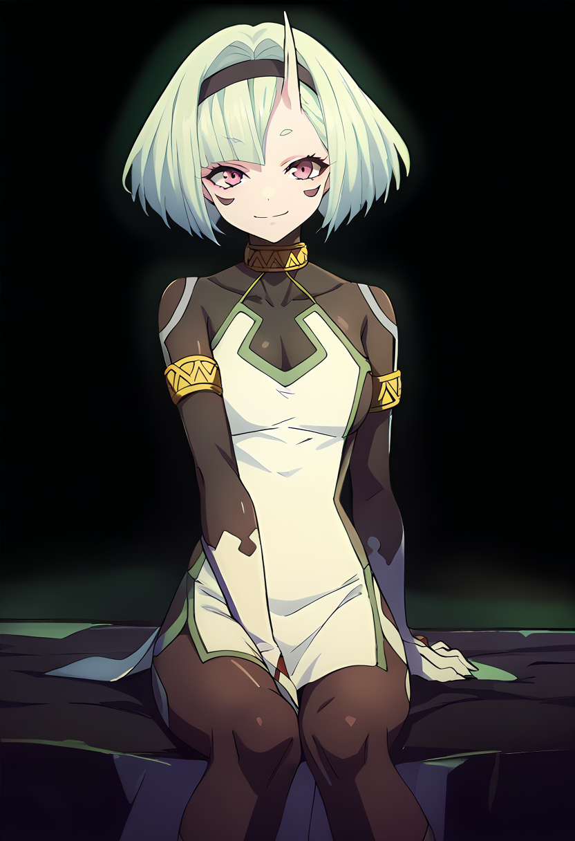 score_9, score_8_up, score_7_up, source_anime,  Koko Zenibako, black skin color, 1girl, solo, horns, short hair, dress, looking at viewer, breasts, black hairband, hairband, facial mark, green hair, pink eyes, colored skin , sitting on the bed, Black background, smile, white dress <lora:Koko Zenibako pony:1>