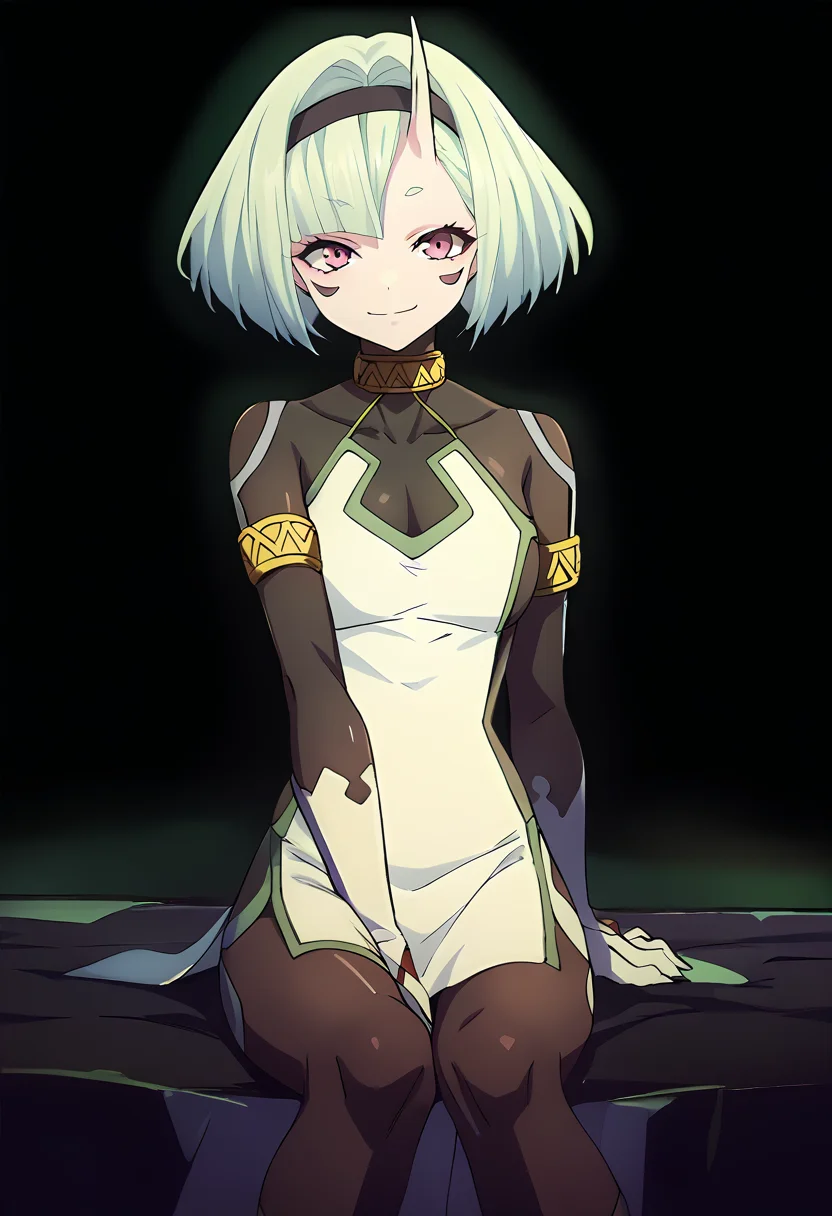 score_9, score_8_up, score_7_up, source_anime, Koko Zenibako, black skin color, 1girl, solo, horns, short hair, dress, looking at viewer, breasts, black hairband, hairband, facial mark, green hair, pink eyes, colored skin , sitting on the bed, Black background, smile, white dress <lora:Koko Zenibako pony:1>