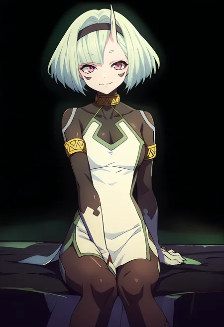 score_9, score_8_up, score_7_up, source_anime, Koko Zenibako, black skin color, 1girl, solo, horns, short hair, dress, looking at viewer, breasts, black hairband, hairband, facial mark, green hair, pink eyes, colored skin , sitting on the bed, Black background, smile, white dress <lora:Koko Zenibako pony:1>