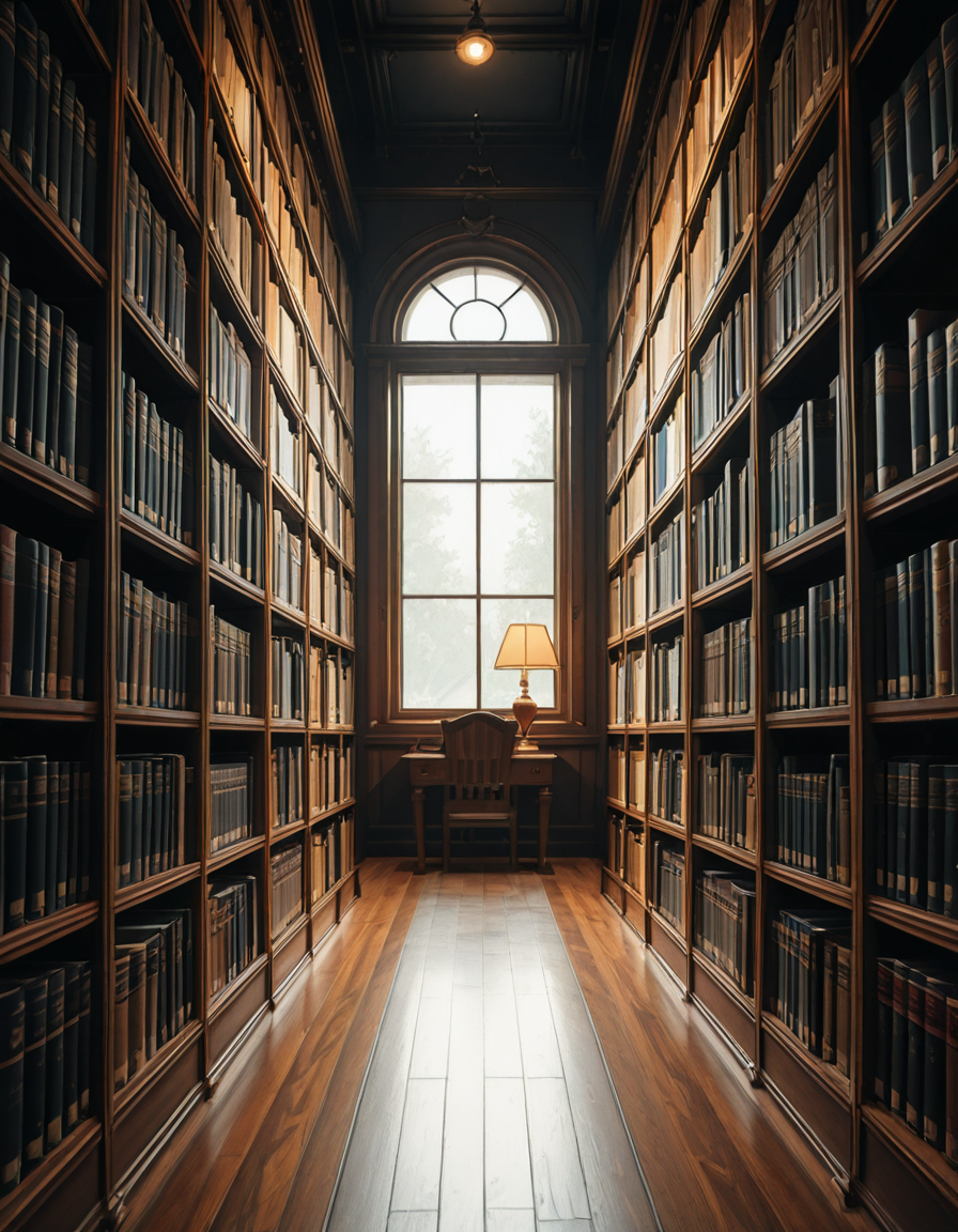 A quiet and dimly lit aisle in a grand university library, lined with tall wooden bookshelves filled with countless books of various sizes and colors. The shelves stretch high, nearly reaching the ceiling, with small ladders placed along the aisle for access to the upper rows. The soft glow of overhead lights casts a warm ambiance, illuminating the dust particles floating in the air. The floor is covered in polished hardwood or a subtle-patterned carpet, absorbing the quiet footsteps of visitors. At the far end of the aisle, a large window lets in a gentle stream of natural light, creating a contrast between the warm artificial glow and the cool daylight. Some books are slightly pulled out from the shelves, and a few are stacked on a nearby wooden table, suggesting recent use. The atmosphere is serene and intellectual, evoking a sense of knowledge, discovery, and timeless academia. The composition is symmetrical, drawing the eye down the center of the aisle, creating depth and perspective.
<lora:SDXLFaeTastic2400:0.4> <lora:extremely_detailed:0.4> extremely detailed, <lora:University_Library_41sl3-ill:1>,University Library 41sl3, Masterpiece,best quality,hi res,8k,hi res,8k,award winning,(sharp focus, intricate, highly detailed),