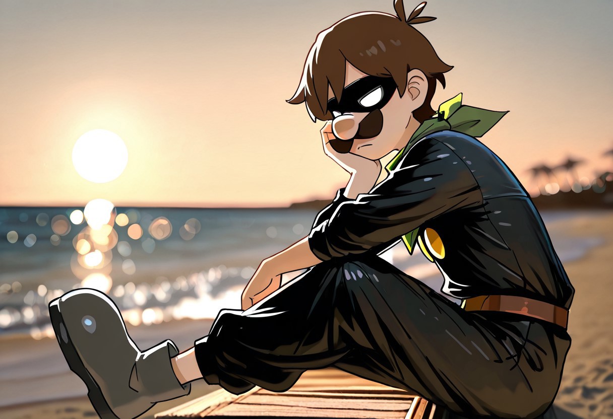 masterpiece, newest,absurdres,incredibly absurdres, best quality, amazing quality, very aesthetic, beach night, mon, side view, cool resting pose, thinking pose, mysterious expression,
, depth of field, blurry foreground, bokeh,Beach , palmeras, solo,MirstaL,cartoon-style,brown hair, black eyes,slim, moustache, round nose,Black jumpsuit, green hat, domino mask, no pupils, white eyes, yellow buttons on chest, sturdy brown belt with a bright yellow buckle,gray boots ,handkerchief around neck, green handkerchief,
,sitting, hand on  cheek ,
re4lity_sync_illu