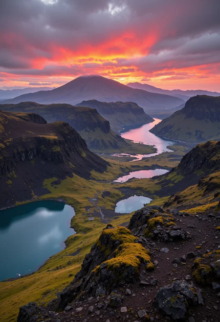neo-expressionist aerial landscape photograph, volcanic textures, ethereal light play, moss-covered ridges merging with crystalline lakes, geological forces meeting atmospheric drama of red and grey sky <lora:VividlySurrealOrigin:0.6> <lora:42lux-UltimateAtHome-flux-highresfix:0.25>