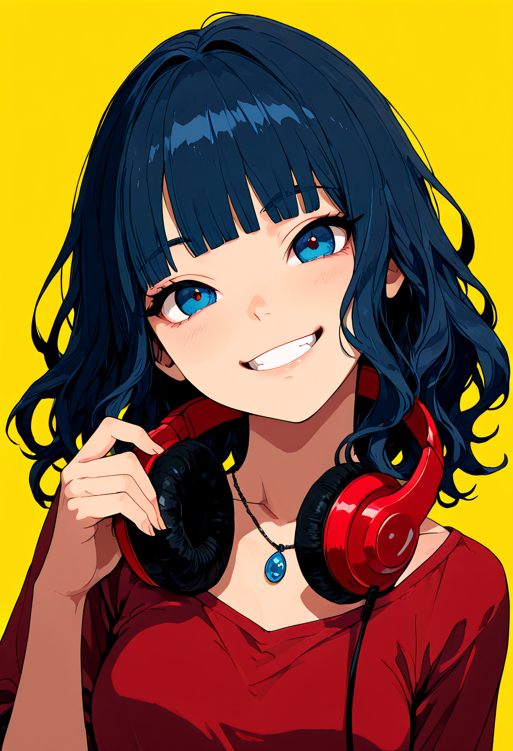 masterpiece, best quality, absurdres, highres, very awa, 1girl, close-up, looking at viewer, happy, cute, blue eyes, dark yellow background, grin, head tilt, red headphones around neck, blunt bangs, red shirt, wavy hair, necklace, medium hair, small breasts, holding headphones, dark blue hair,