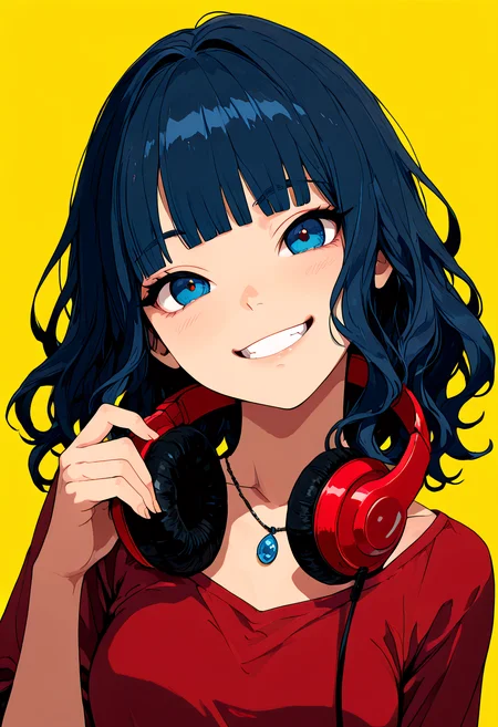 masterpiece, best quality, absurdres, highres, very awa, 1girl, close-up, looking at viewer, happy, cute, blue eyes, dark yellow background, grin, head tilt, red headphones around neck, blunt bangs, red shirt, wavy hair, necklace, medium hair, small breasts, holding headphones, dark blue hair,