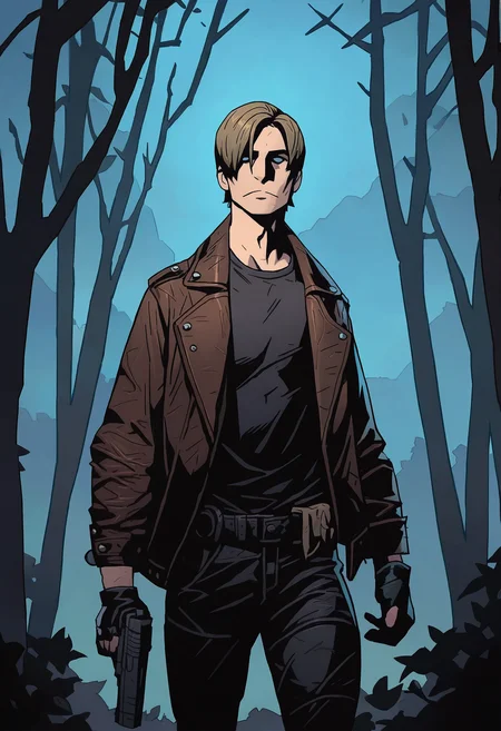 1boy, solo, leon s. kennedy, night, leather jacket, black pants, black shirt, brown jacket, handgun, forest, 
masterpiece, best quality, <lora:Mike_Mignola-guy90-Illust-Lycorisv1:1> alomik