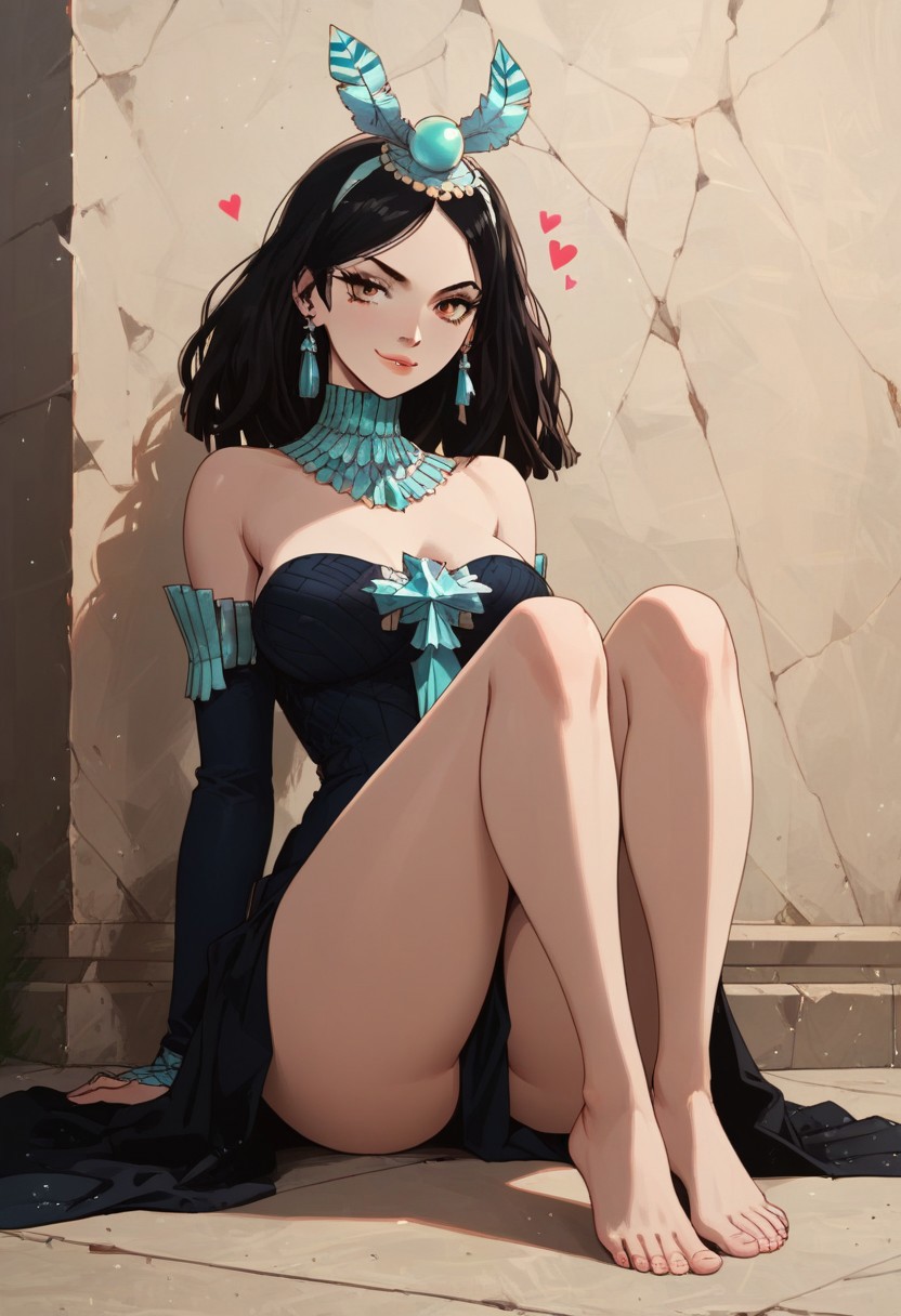 <lora:add-detail-xl:1.3>, score_9, score_8_up, score_7_up, score_6_up, score_5_up, score_4_up, rating_expilcit, 16K UHD, masterpiece, highest quality, rating_explicit, 1girl, solo, slimes_amaryllis, black hair, undressing, sexy posing, flirting, tits popping out, medium breasts, bare shoulders, bare legs, bare feet, sitting, g0thicPXL, sexy pose, seductive smile, horny, biting lips, Expressiveh, dynamic angle, dynamic pose, (cartoon), afrobullstyle, vivid colors, colorfull, full body shot, negative_hand