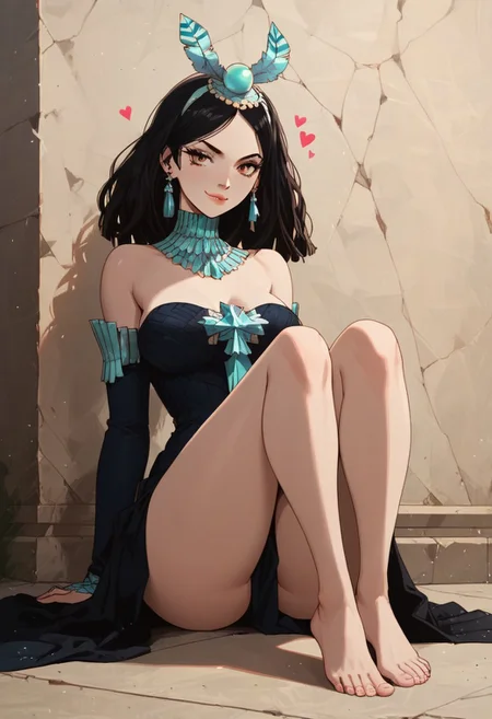 <lora:add-detail-xl:1.3>, score_9, score_8_up, score_7_up, score_6_up, score_5_up, score_4_up, rating_expilcit, 16K UHD, masterpiece, highest quality, rating_explicit, 1girl, solo, slimes_amaryllis, black hair, undressing, sexy posing, flirting, tits popping out, medium breasts, bare shoulders, bare legs, bare feet, sitting, g0thicPXL, sexy pose, seductive smile, horny, biting lips, Expressiveh, dynamic angle, dynamic pose, (cartoon), afrobullstyle, vivid colors, colorfull, full body shot, negative_hand