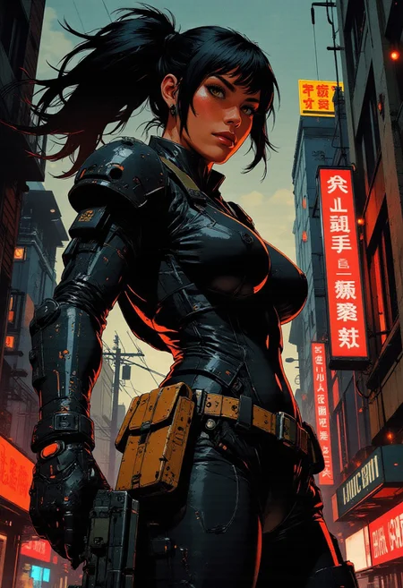 magnificent, closeup portrait, female bounty hunter, braided black hair, futuristic armor, bodysuit, armor plating, cybernetic equipment, sexy, curvy, large breasts, large ass, aiming an assault rifle, assault rifle, aiming rifle, holstered pistol, Cyberpunk City, Neon Lights, foreshortening,
solo, 
Cowboy Shot, close up, from above,