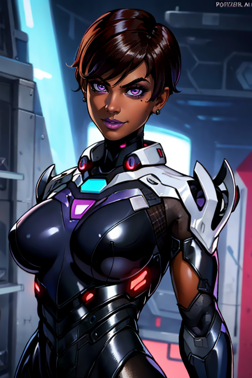 masterpiece,best quality,extreme detail,8k,image sharpness,<lora:sombra-10:0.8> 1girl, solo, breasts, looking at viewer, smile, short hair, large breasts, brown hair, jewelry, purple eyes, upper body, earrings, artist name, dark skin, mole, huge breasts, dark-skinned female, lips, mole under eye, bodysuit, makeup, watermark, lipstick, skin tight, web address, science fiction, cyborg, purple lips, neon trim