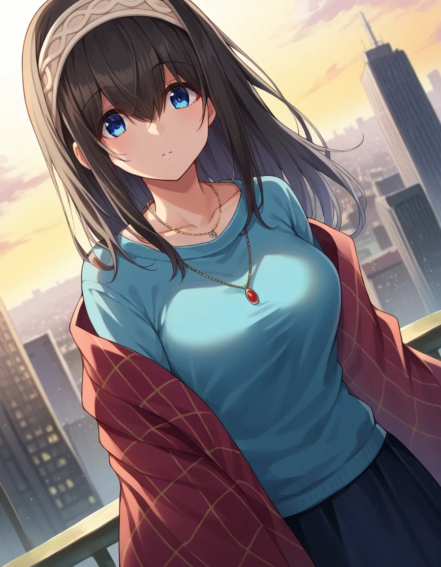 score_9, score_8_up, score_7_up, source_anime,
fumikasagisawa, <lora:fumika-sagisawa-ponyxl-lora-nochekaiser:1>,
fumika sagisawa, blue eyes, black hair, hairband, long hair, hair over eyes,
blue sweater, collarbone, jewelry, necklace, shawl, sweater, skirt,
outdoors, cityscape,
looking at viewer, dutch angle, cowboy shot,
