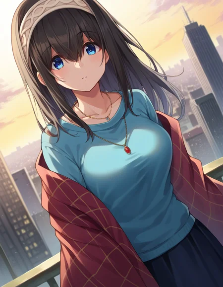 score_9, score_8_up, score_7_up, source_anime,
fumikasagisawa, <lora:fumika-sagisawa-ponyxl-lora-nochekaiser:1>,
fumika sagisawa, blue eyes, black hair, hairband, long hair, hair over eyes,
blue sweater, collarbone, jewelry, necklace, shawl, sweater, skirt,
outdoors, cityscape,
looking at viewer, dutch angle, cowboy shot,