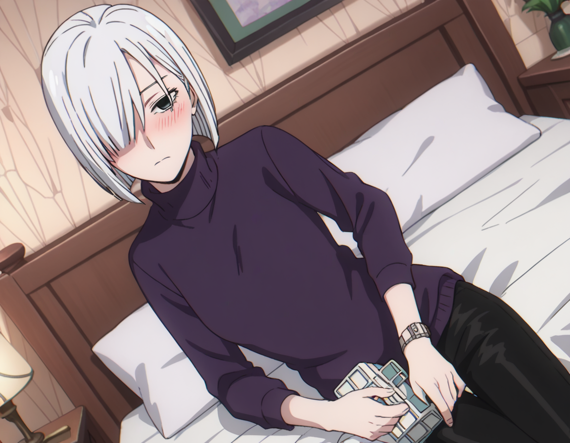 score_9, score_8_up, score_7_up, source_anime,
fionafrost, <lora:fiona-frost-s1-ponyxl-lora-nochekaiser:1>,
fiona frost, white hair, short hair, hair over one eye, grey eyes,
long sleeves, pants, sweater, turtleneck, black pants, watch, turtleneck sweater, wristwatch, purple sweater,
indoors, bed, bed room, on side, blush, drunk,
looking at viewer, solo, cowboy shot, dutch angle,