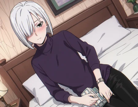 score_9, score_8_up, score_7_up, source_anime,
fionafrost, <lora:fiona-frost-s1-ponyxl-lora-nochekaiser:1>,
fiona frost, white hair, short hair, hair over one eye, grey eyes,
long sleeves, pants, sweater, turtleneck, black pants, watch, turtleneck sweater, wristwatch, purple sweater,
indoors, bed, bed room, on side, blush, drunk,
looking at viewer, solo, cowboy shot, dutch angle,