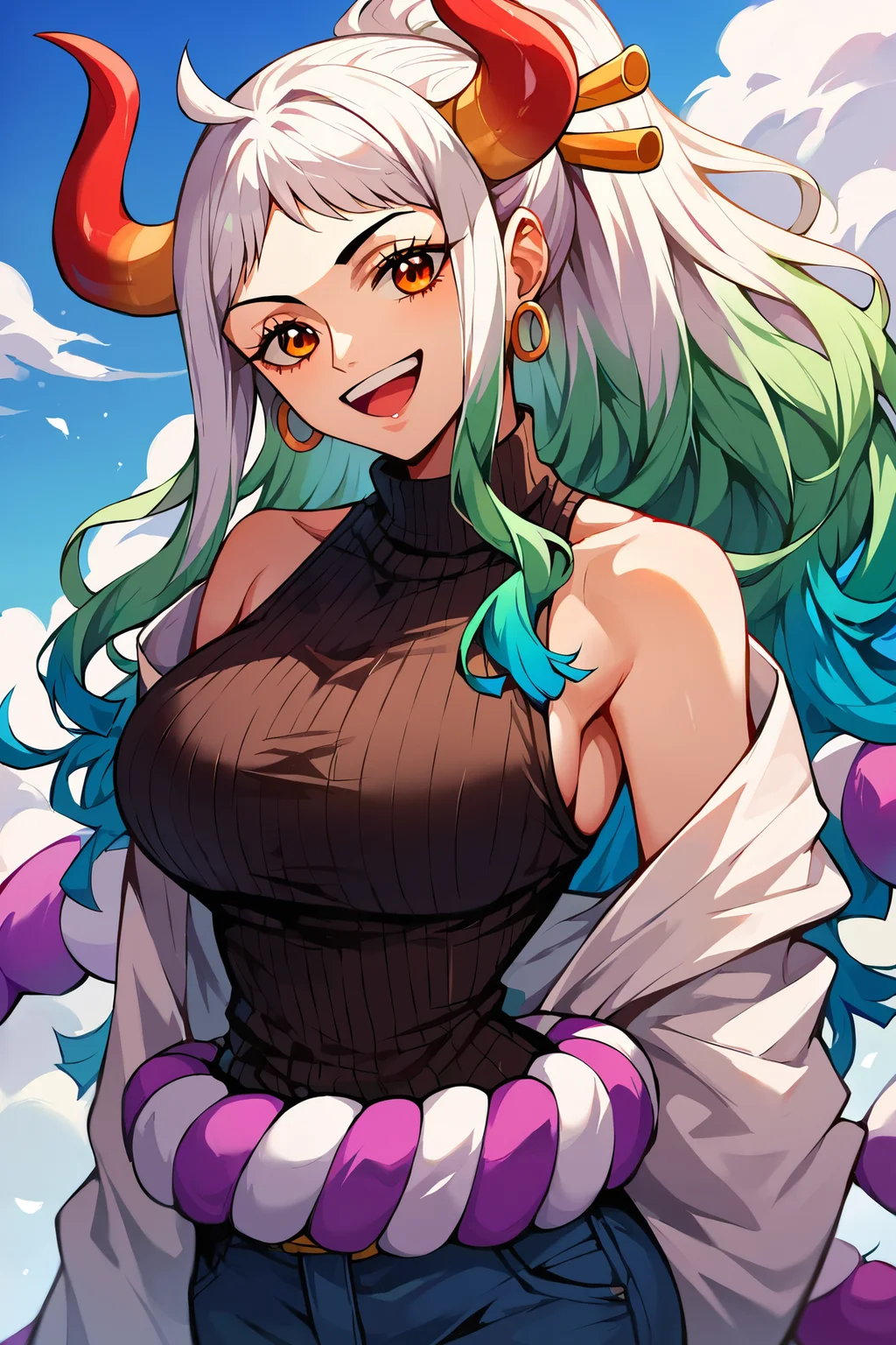 <lora:yamato_OP_XL_v1:0.8> score_9,score_8_up,score_7_up,score_6_up,yamato\(one piece\), 1girl,solo, turtleneck sweater, long sleeves, black turtleneck sweater, colored horn, multicolored hair, pants, upper body, belt, smile, happy, open mouth, white hair,green hair, bare shoulders, hoop earrings, large breasts,