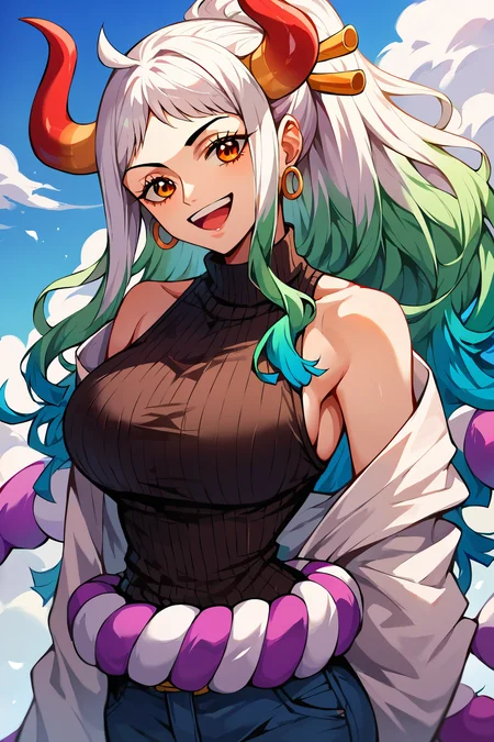 <lora:yamato_OP_XL_v1:0.8> score_9,score_8_up,score_7_up,score_6_up,yamato\(one piece\), 1girl,solo, turtleneck sweater, long sleeves, black turtleneck sweater, colored horn, multicolored hair, pants, upper body, belt, smile, happy, open mouth, white hair,green hair, bare shoulders, hoop earrings, large breasts,