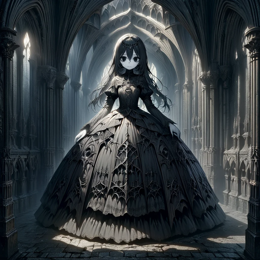 masterpiece,high resolution,detailed,
gothicstyle, solo,1girl,facing at viewer,full body,close-up,dress,white skin,black eyes, church, scenery, arch, pillar, architecture, light rays, light, sunlight,horror(theme),dark theme
, <lora:Ghotic_haunted_world:0.8>