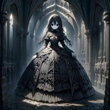 masterpiece,high resolution,detailed,
gothicstyle, solo,1girl,facing at viewer,full body,close-up,dress,white skin,black eyes, church, scenery, arch, pillar, architecture, light rays, light, sunlight,horror(theme),dark theme
, <lora:Ghotic_haunted_world:0.8>