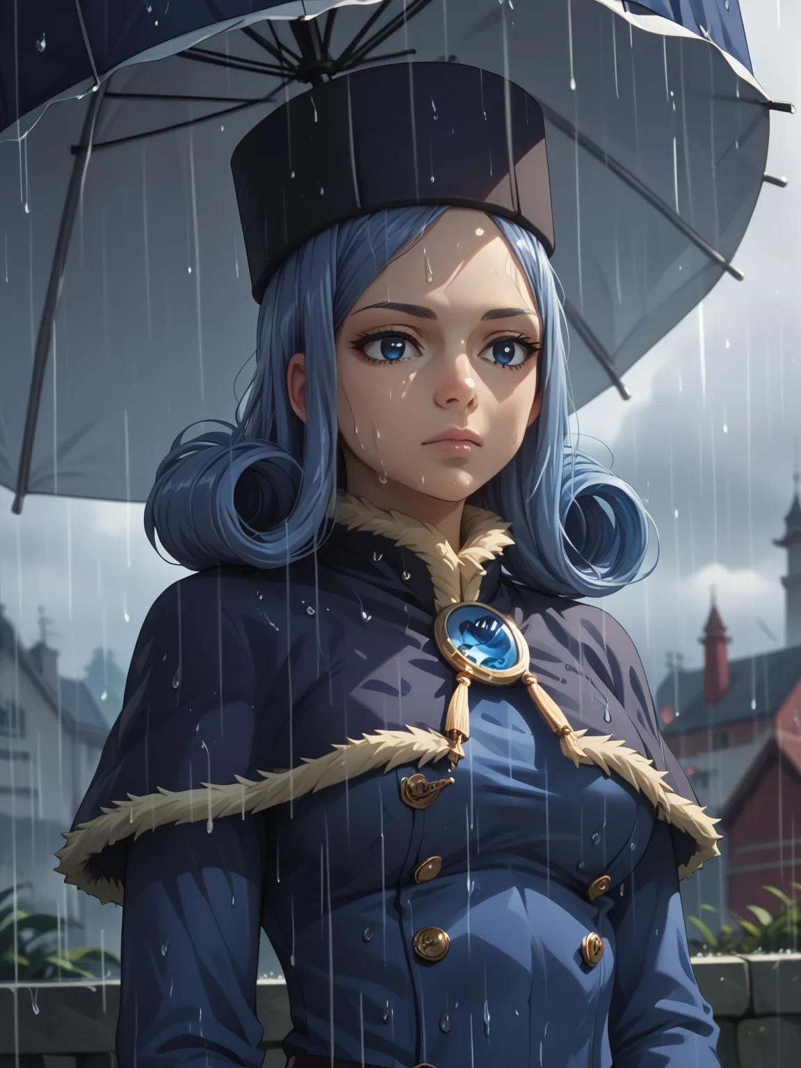 score_9, score_8_up, score_7_up, score_6_up, score_5_up, score_4_up, source_anime, detailed eyes, beautiful eyes, <lora:PONYXL_FD-MegaBreastPack:0.7> <lora:Juvia_Lockser:1> JuviaLockser, azure hair, blue hair, midnight blue eyes, blue eyes, pale skin, blue tattoo, thigh tattoo, Element4, curled hair, hat, capelet, fur trim, headwear, capelet, blue dress, long sleeves, brown belt, brown boots, holding an umbrella in one hand, raining heavily, expressionless,