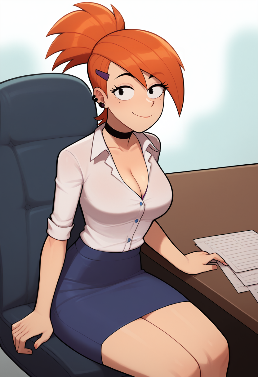 score_9, score_7_up, BREAK,   <lora:mrpotatoparty-guy-PONYv1-3:1>, 1girl, solo,  <lora:frankiefoster-guy-PONYv1:0.85> frankiefoster, ponytail, hair ornament, earrings, black choker, cleavage, collared shirt, skirt, office lady, sitting, portrait,
