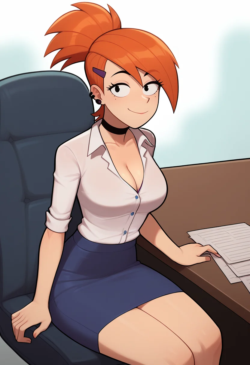 score_9, score_7_up, BREAK, <lora:mrpotatoparty-guy-PONYv1-3:1>, 1girl, solo, <lora:frankiefoster-guy-PONYv1:0.85> frankiefoster, ponytail, hair ornament, earrings, black choker, cleavage, collared shirt, skirt, office lady, sitting, portrait,