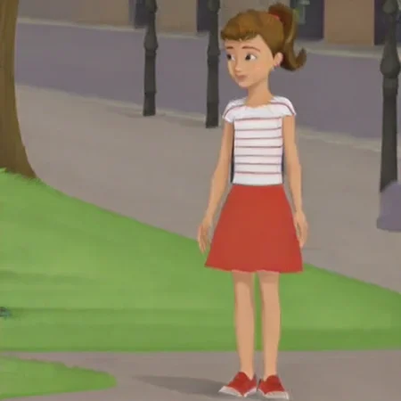 martine, 1girl, striped shirt, short hair, light brown hair, high ponytail, scrunchie, gray eyes, pink lipstick, red skirt, short skirt, red footwear, slender legs, short sleeves, red sneakers,  skinny, shorty, undersized, flat chested,