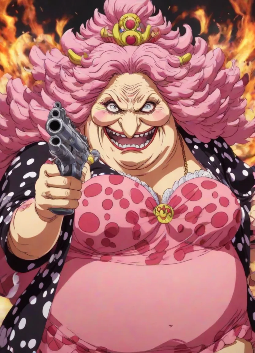 <lora:PE_BigMom_OnePiece:0.8> PEBigMom, Big Mom,
holding a gun,