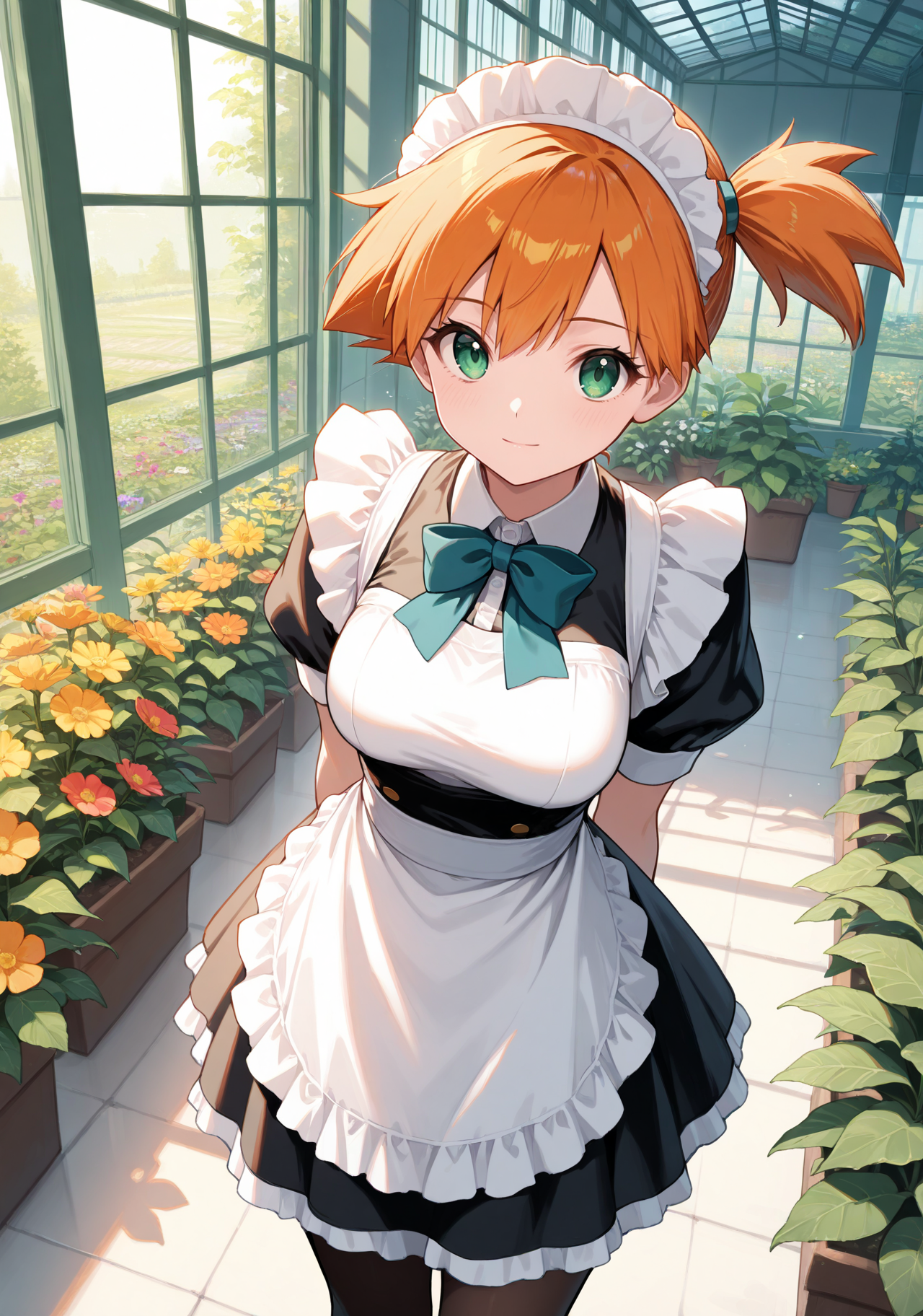 masterpiece, best quality, 1girl, solo, zzMisty, orange hair, short hair, side ponytail, maid, maid headdress, maid apron, short sleeves, greenhouse, plant, window, flower, arms behind back, green eyes, pantyhose, bowtie, puffy short sleeves, from above, looking at viewer, closed mouth, light smile