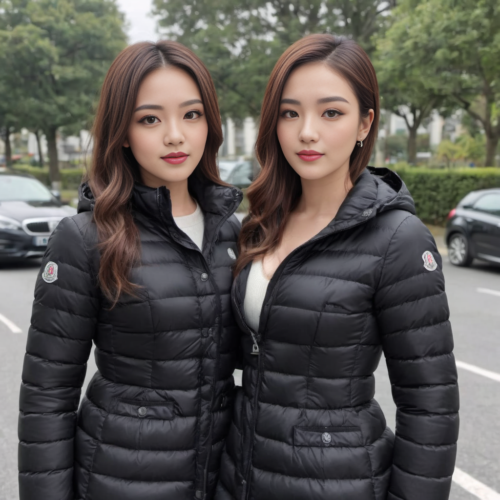 (holding the camera) , cute two irish curvy women a wearing a long knee length  moncler_hermine jacket , hyperdetailed photography,4k textures,intricate details,4k resolution   ,  <lora:moncler_hermine_v1_r2-000007:0.5>, doing asian poses, car scene