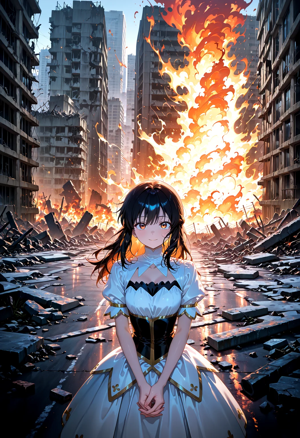 masterpiece, best quality, amazing quality, very aesthetic, absurdres, newest,
outdoors,burning,ruins,concrete,cityscape,landscape, perspective,twisted road,
1girl,magical girl, whtie_dress,corset
standing, (from front:1.5) very close-up upper body
looking_at_viewer,closed_eyes,v arms open_hands,cupping_hands
{{best_quality}},{{amazing_quality,very_aesthetic}},dawn
masterpiece, best quality, amazing quality, very aesthetic, absurdres, newest, volumetric lighting,<lora:spo_sdxl_10ep_4k-data_lora_webui:1> <lora:KonyaKarasue-Lokr-NOOBEPS110:1> <lora:VenetianLightingILL:1>light_smile <lora:il_color_temp_slider_d1:0.25>