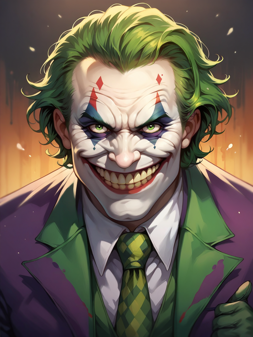 score_9, score_8_up, score_7_up, score_6_up, score_5_up,  <lora:thejokerXLP:0.8> the joker, 1boy, solo, green hair, suit, smile, formal, clown, necktie, gloves, green eyes, teeth,