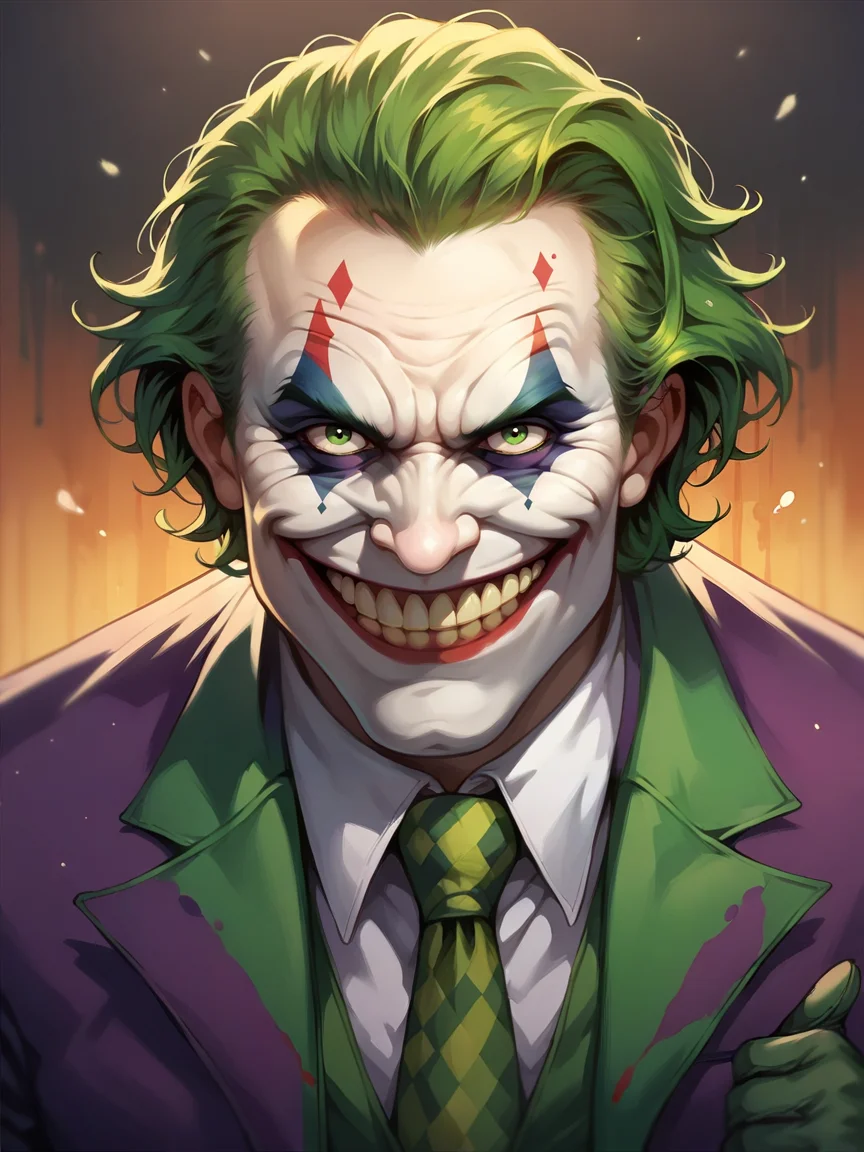 score_9, score_8_up, score_7_up, score_6_up, score_5_up, <lora:thejokerXLP:0.8> the joker, 1boy, solo, green hair, suit, smile, formal, clown, necktie, gloves, green eyes, teeth,