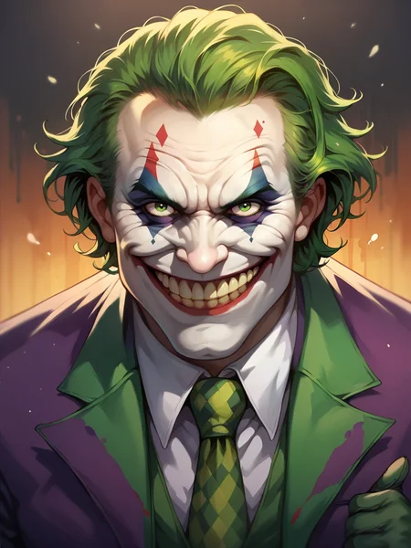 score_9, score_8_up, score_7_up, score_6_up, score_5_up, <lora:thejokerXLP:0.8> the joker, 1boy, solo, green hair, suit, smile, formal, clown, necktie, gloves, green eyes, teeth,
