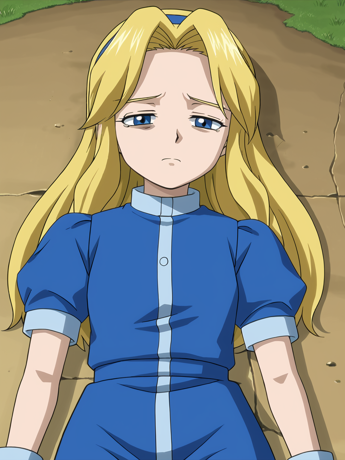 <lora:Maria Robotnik (SxSG):0.9> sxsgdbmaria, blonde hair, source_anime, laying on ground, tired, sleepy