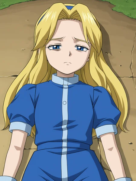 <lora:Maria Robotnik (SxSG):0.9> sxsgdbmaria, blonde hair, source_anime, laying on ground, tired, sleepy