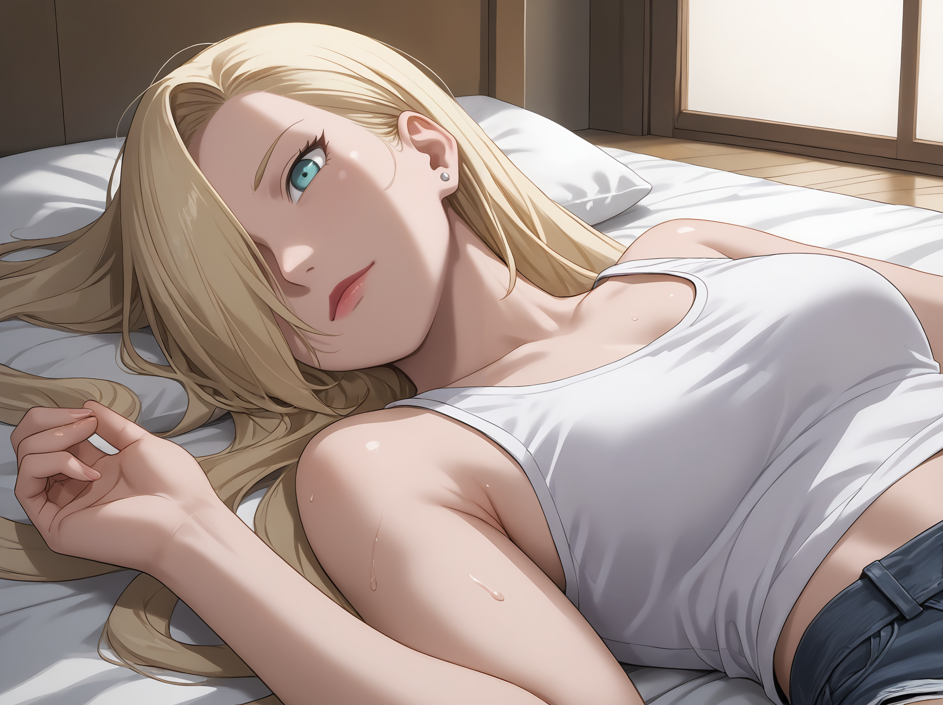 score_9, score_8_up, score_7_up, source_anime, 1girl, ino yamanaka, blank period, long hair, blush, sweat, hair over one eye, lipstick, (white tank top), torn denim shorts,  indoors, on back, lying on bed, bedroom, upper body, candid shot, <lora:ino_yamanaka_pony:0.85>