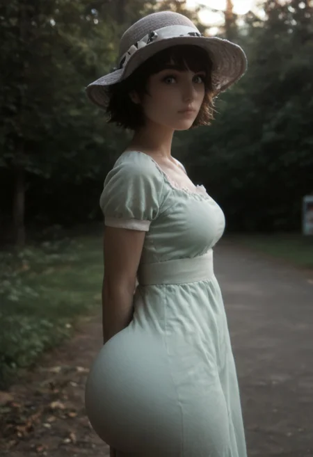score_9, score_8_up, score_7_up, score_6_up, 1girl, thick 18 years old girl, (hat,thick eyebrows,collarbone,dress,green eyes,short sleeves, huge ass), low light, seductive, supermodel, gorgeous, toned body, depth of field, dark night, shadows, dramatic lighting,  candid, perfect eyes, Reddit, amateur, real life photo, small waist, mayuri shiina, short hair, white pale skin, bangs, hair bangs, hot girl, cute girl, ((standing:1.2)), forest, park, sunny day, ((visible ass, bubble butt, thick thighs, from side, from behind:1.2))