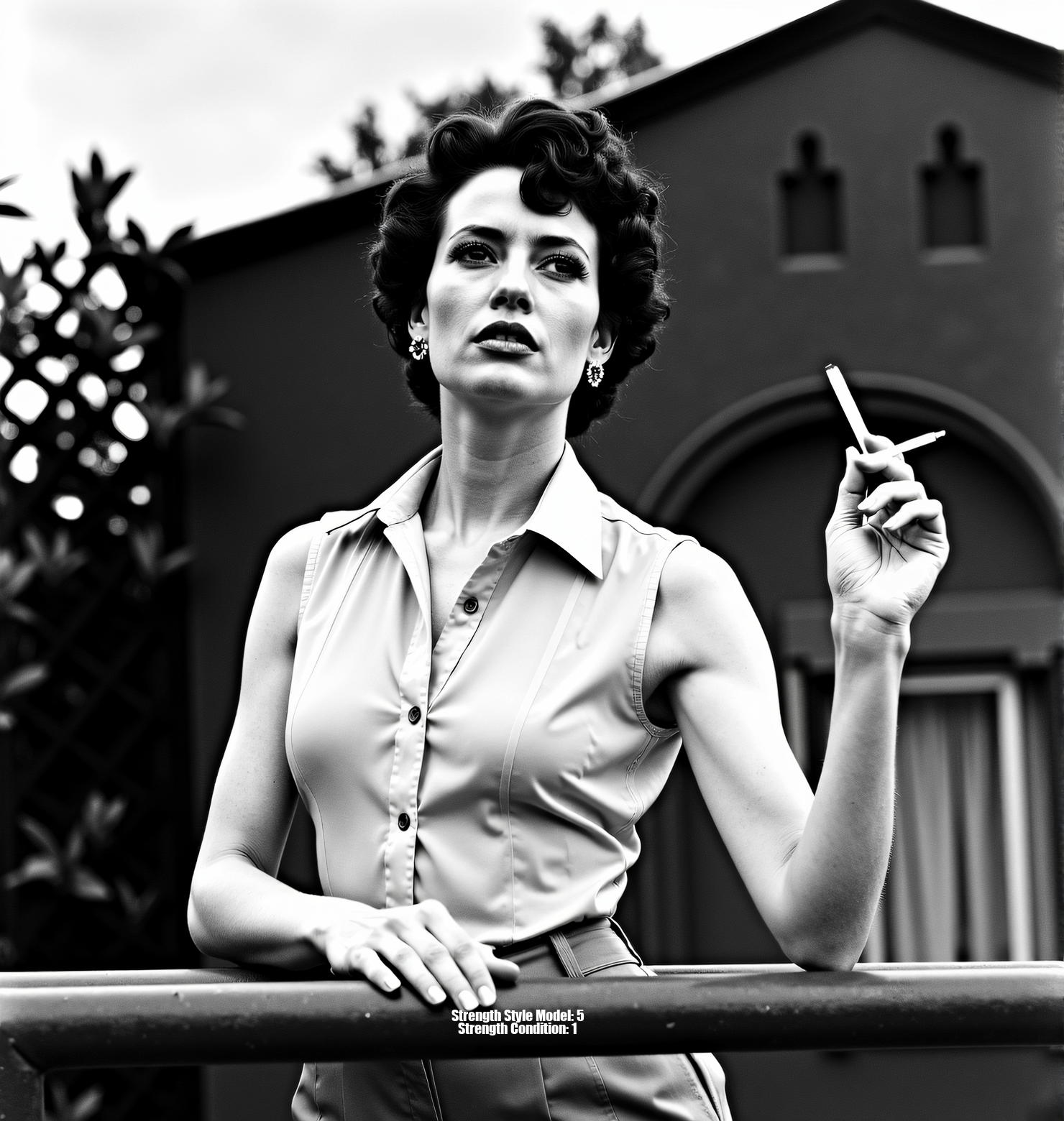 A high-contrast black and white photograph, inspired by Helmut Newton and Peter Lindbergh. A glamorous woman with short, curly hair, wearing a partially unbuttoned sheer button-down shirt tucked into high-waisted trousers. She leans against a railing, cigarette in hand, against a backdrop of cloudy skies, architectural details, and foliage. Shot from a slightly low angle with strong chiaroscuro lighting, creating deep shadows and a dramatic mood. Sharp focus on the foreground with a shallow depth of field. Evoke a timeless, sophisticated aesthetic, reminiscent of classic Hollywood glamour meets raw, unfiltered emotion. Limited grayscale palette, emphasizing texture and form, with a touch of Anton Corbijn's starkness and mood.<lora:_Flux\_Photographer\Helmut_Newton-000001.safetensors:0.8000000000000002:0.8000000000000002>