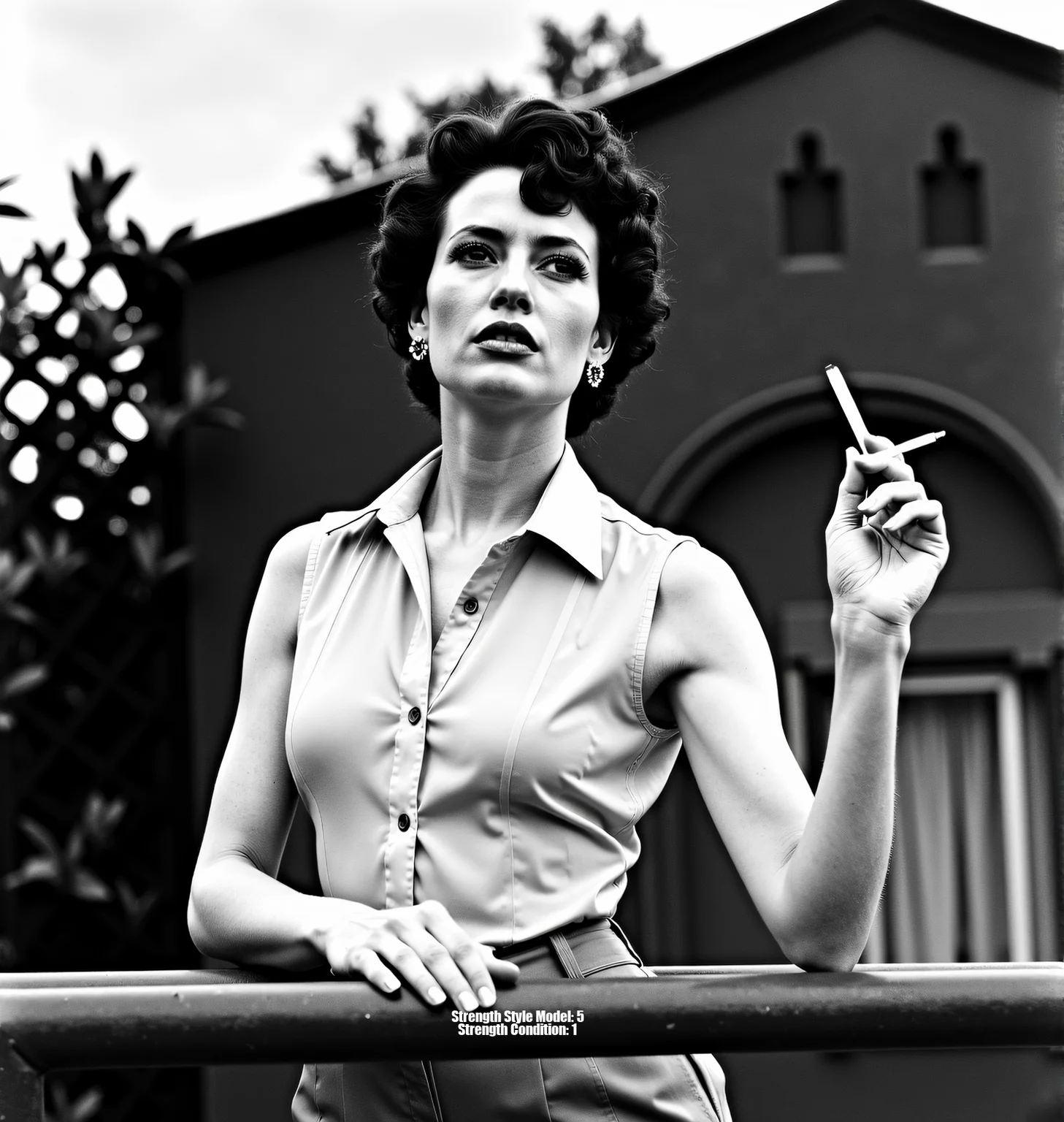 A high-contrast black and white photograph, inspired by Helmut Newton and Peter Lindbergh. A glamorous woman with short, curly hair, wearing a partially unbuttoned sheer button-down shirt tucked into high-waisted trousers. She leans against a railing, cigarette in hand, against a backdrop of cloudy skies, architectural details, and foliage. Shot from a slightly low angle with strong chiaroscuro lighting, creating deep shadows and a dramatic mood. Sharp focus on the foreground with a shallow depth of field. Evoke a timeless, sophisticated aesthetic, reminiscent of classic Hollywood glamour meets raw, unfiltered emotion. Limited grayscale palette, emphasizing texture and form, with a touch of Anton Corbijn's starkness and mood.<lora:_Flux\_Photographer\Helmut_Newton-000001.safetensors:0.8000000000000002:0.8000000000000002>